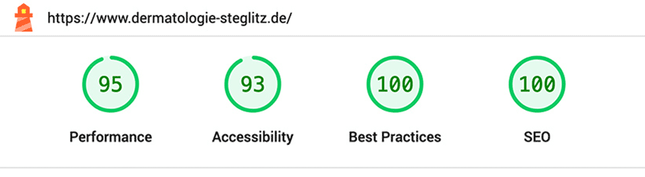 Ergebnisse Mobil: Performance 95, Accessibility 93, Best Practices 100, SEO 100 Punkte