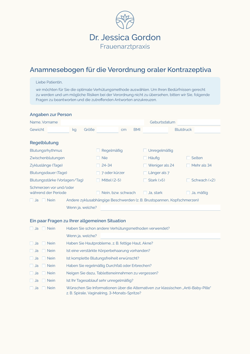 Anamnesebogen für die Verordnung oraler Kontrazeptiva
