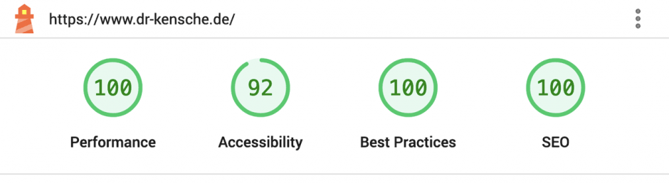 Ergebnisse Desktop: Performance 100, Accessibility 92, Best Practices 100, SEO 100 Punkte