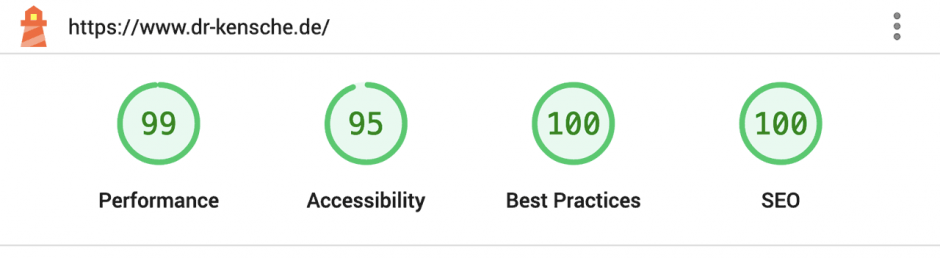 Ergebnisse Mobil: Performance 99, Accessibility 95, Best Practices 100, SEO 100 Punkte