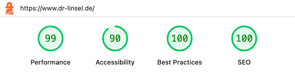 Ergebnisse Desktop: Performance 99, Accessibility 90, Best Practices 100, SEO 100 Punkte