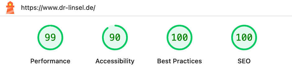 Ergebnisse Mobil: Performance 99, Accessibility 90, Best Practices 100, SEO 100 Punkte