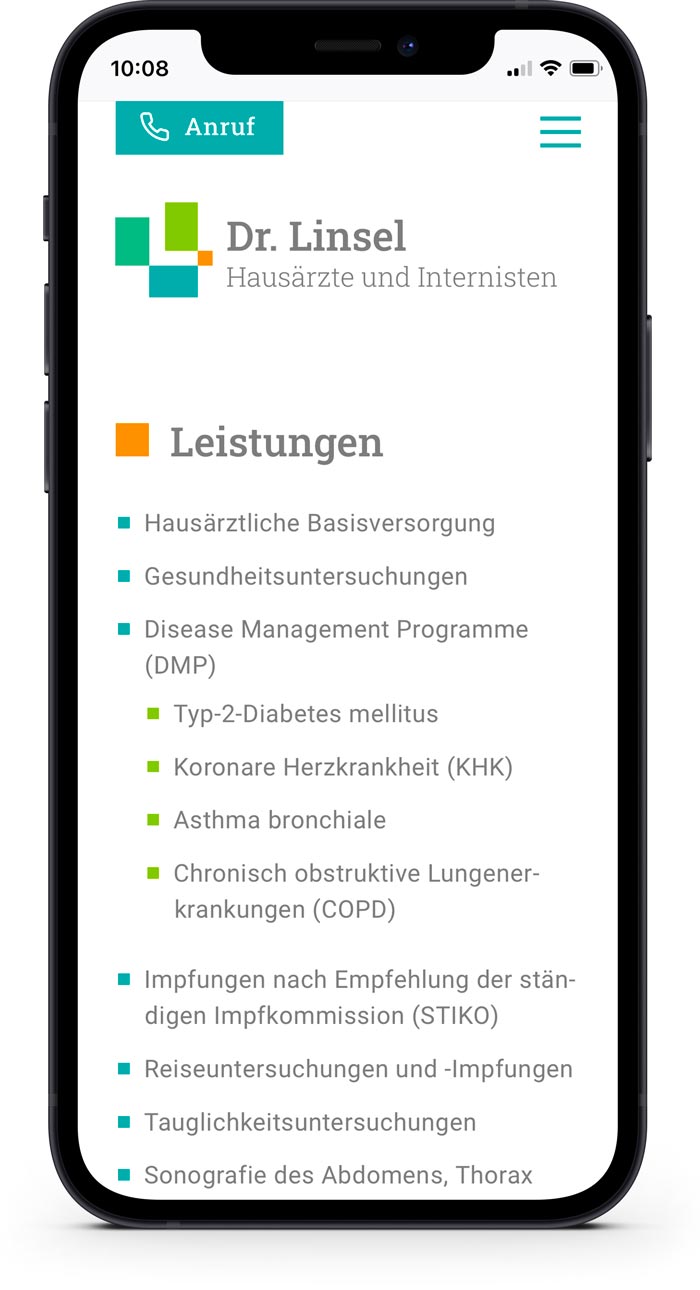 Website Seite Leistungen Dr. Linsel auf einem Smartphone