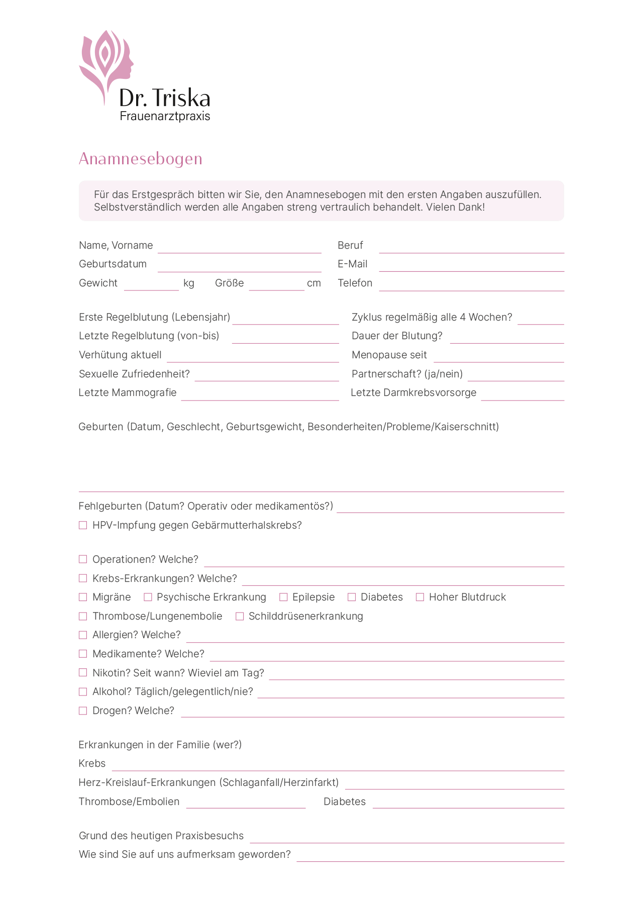 Anamnesebogen-Formular für die Frauenarztpraxis
