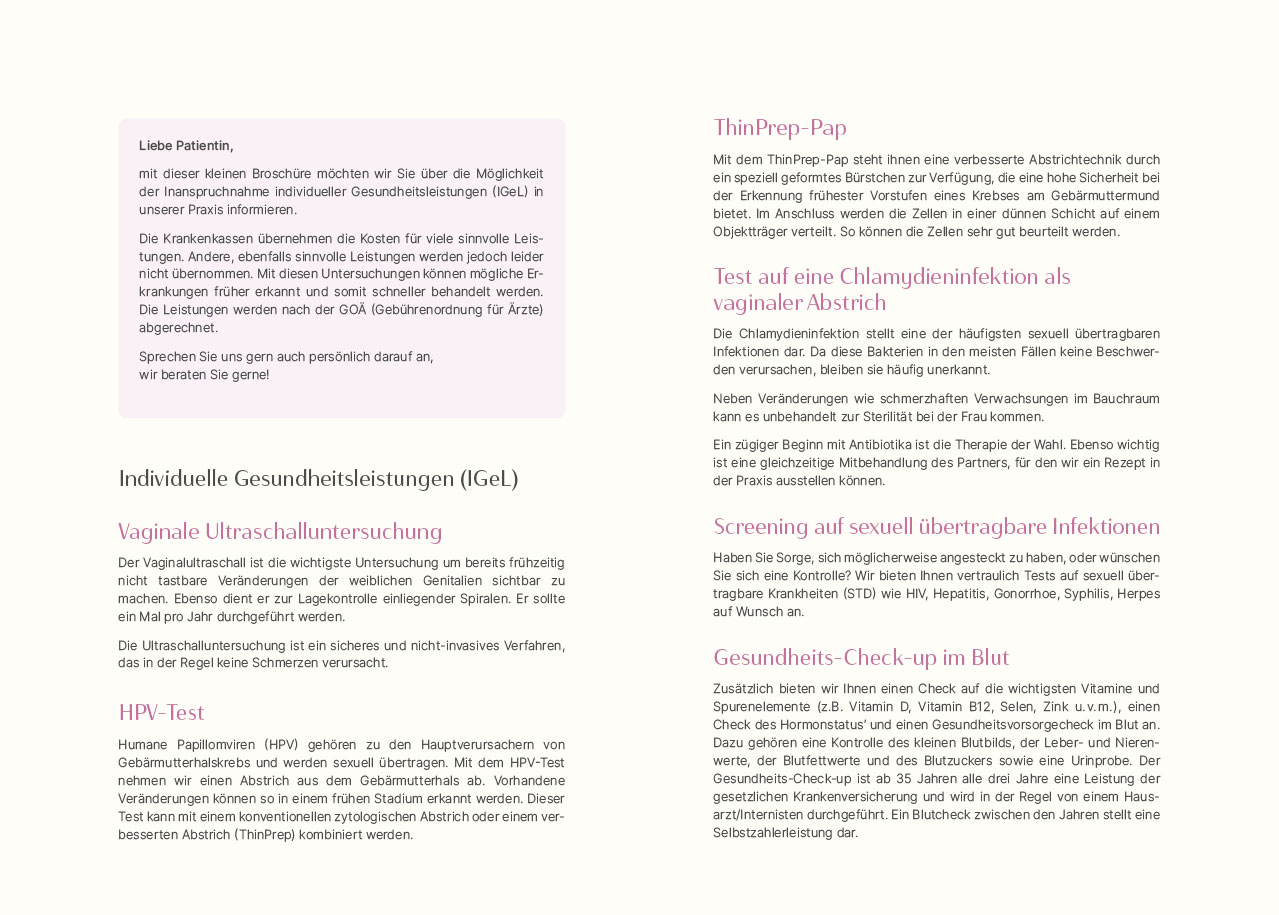 Doppelseite der Broschüre mit Informationen zu den individuellen Gesundheitsleistungen