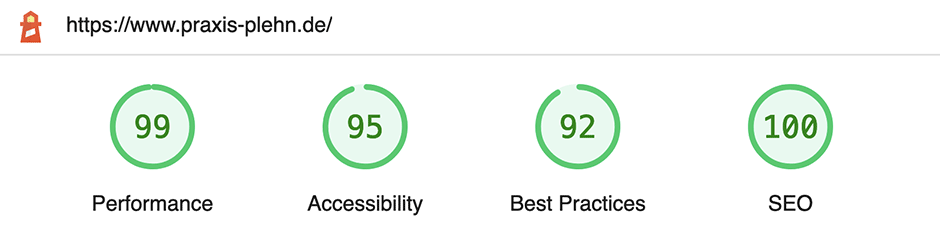 Ergebnisse Desktop: Performance 99, Accessibility 95, Best Practices 92, SEO 100 Punkte