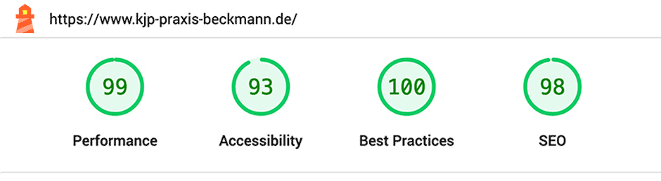 Ergebnisse Mobil: Performance 99, Accessibility 93, Best Practices 100, SEO 98 Punkte