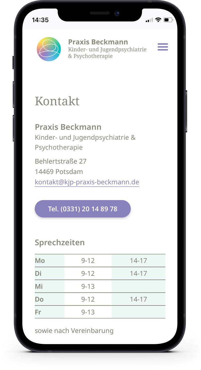Website Praxis Beckmann Kontaktseite auf Smartphone