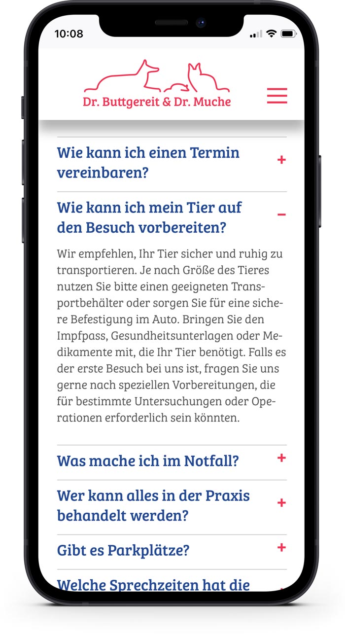 Website Tierarztpraxis Seite Häufige Fragen auf einem Smartphone