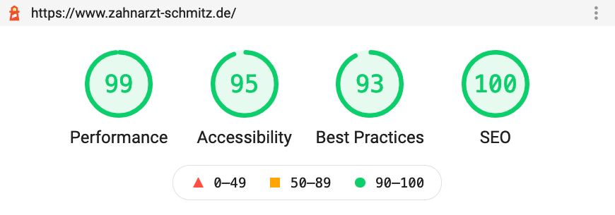 Ergebnisse: Performance 99, Accessibility 95, Best Practices 93, SEO 100 Punkte